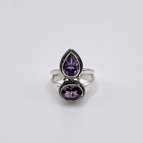 Genuine Faceted Amethyst Oval & Tear Drop .925 Sterling Silver Ring - Picture 15 of 17